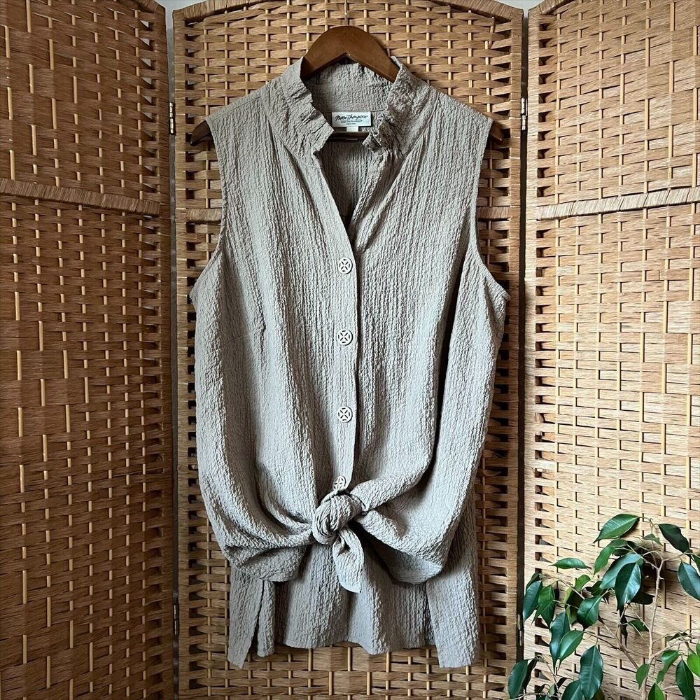 Vintage Norm Thompson Beige Shirred Sleeveless Button Ruffle Neck Rayon Top 1X